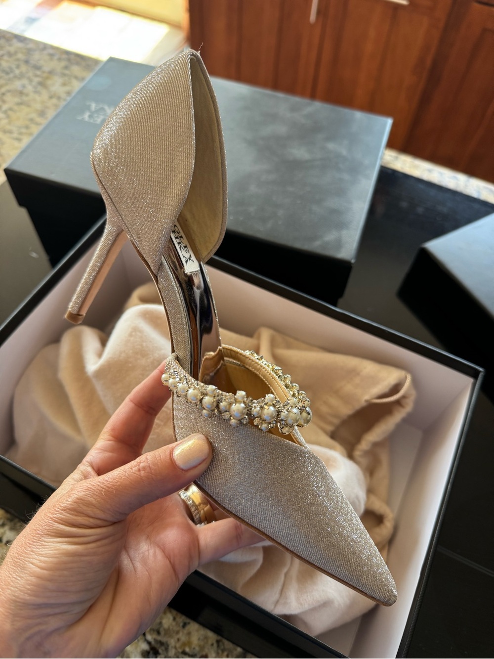 New Badgley Mischka Champagne Glitter Pointed-Toe Heels with Pearl Strap - Picture 3 of 5